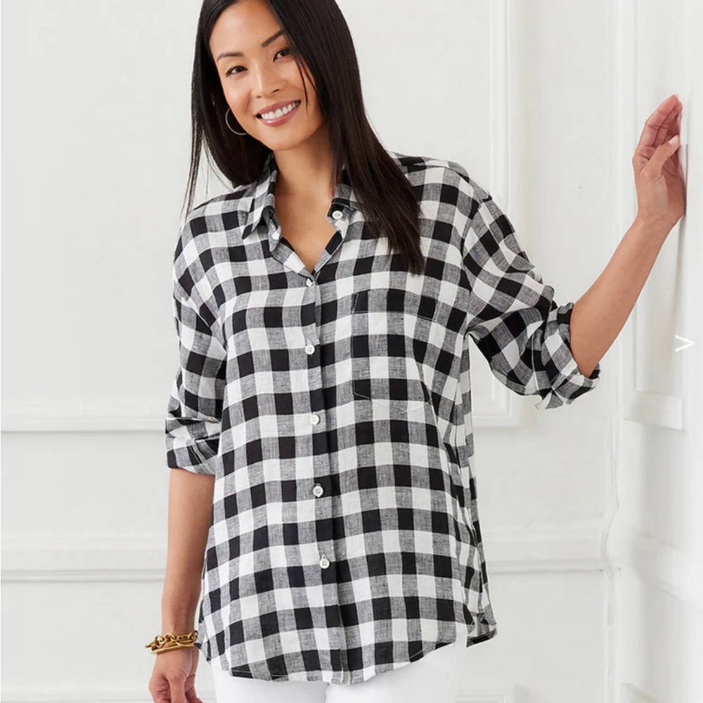 Karen Kane Black and White Check Cuffed Sleeve Button Down Shirt Size M Linen